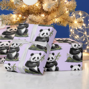Papel De Presente Urso Panda Fofo da Moda Com Bambu Roxo Folhagem