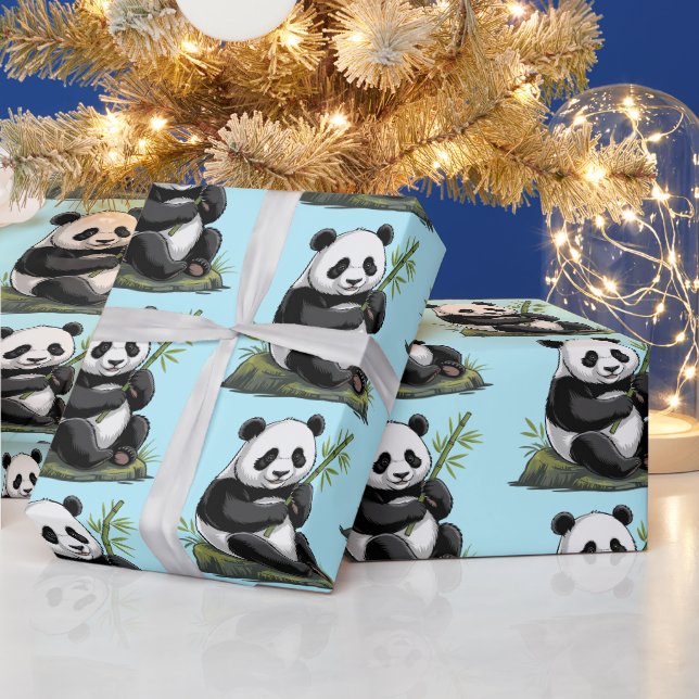 Papel De Presente Urso Panda Fofo da Moda Com Verde Bambu Azul  (Feriados)