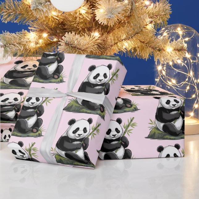 Papel De Presente Urso Panda Fofo e Moderno com Bambu Rosa (Feriados)