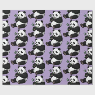 Papel De Presente Urso Panda Fofo e Moderno com Bambu Roxo e Vegetaç