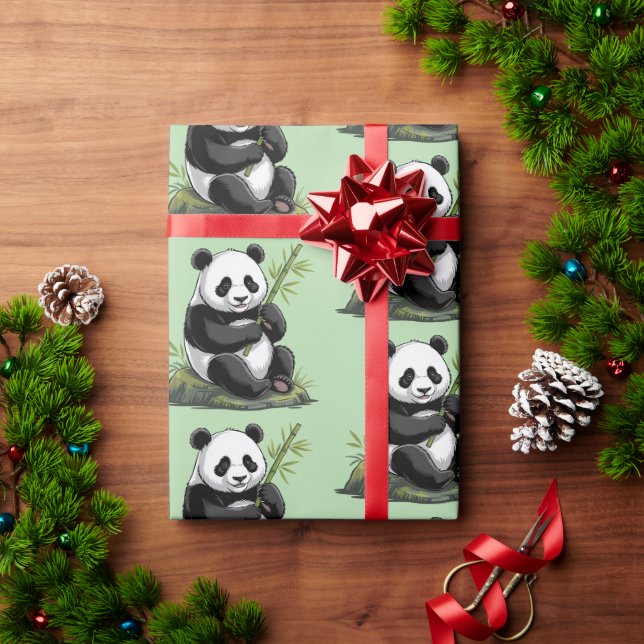 Papel De Presente Urso Panda Fofo Moderno e Tendência com Bambu Verd (Presente de Natal)