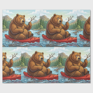 Papel De Presente Urso Pardo Engraçado em Caiaque Cartoon