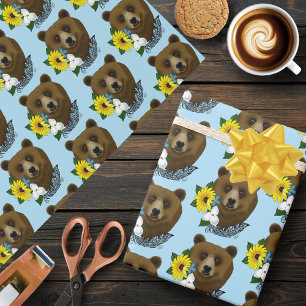 Papel De Presente Urso Pardo Flores Azuis Pena Vida Selvagem