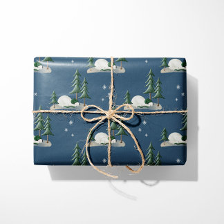 Papel De Presente Urso Polar Dormindo Azul Floresta de inverno