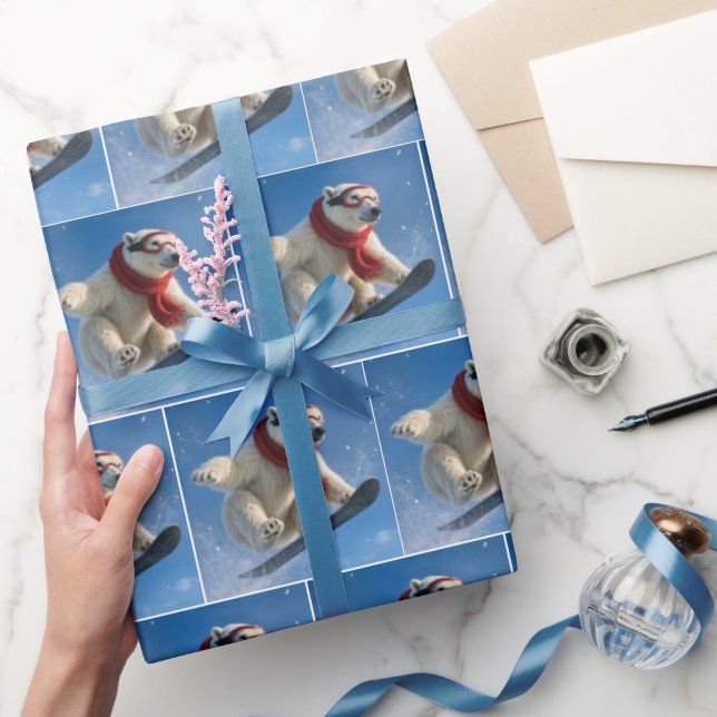 Papel De Presente Urso Polar no Ar em uma Snowboard (Presentear)