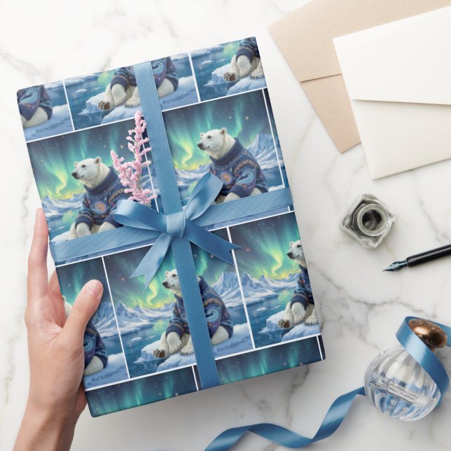 Papel De Presente Urso Polar Sentado Sob Luzes do Norte (Presentear)