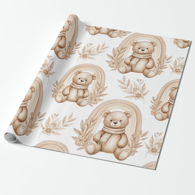 Papel De Presente Urso Teddy Boho Arco-íris Floral Neutro (Desenrolado)