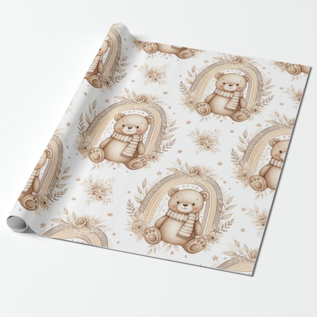 Papel De Presente Urso Teddy Boho Arco-íris Floral Neutro (2) (Desenrolado)