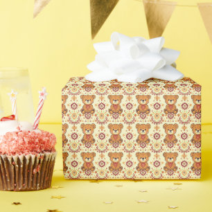 Papel De Presente Urso Teddy Boho Quente e Floral Sem Costura de Out