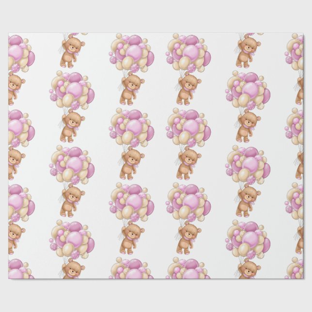 Papel De Presente Urso Teddy Feliz Churrasco de Bebê Rosa (Barra)