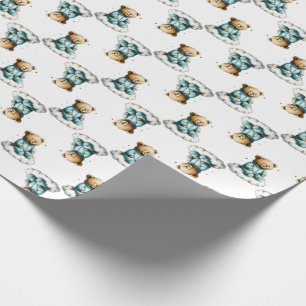 Papel De Presente Urso Teddy Fofo em PJs Azuis numa Nuvem Fofa