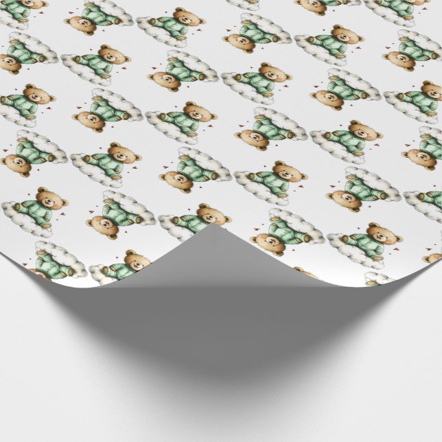 Papel De Presente Urso Teddy Fofo em uma Nuvem Fofa com PJs Verdes (Ponta)