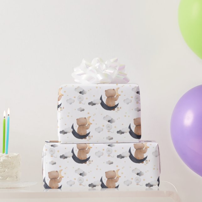 Papel De Presente Urso Teddy Fofo na Lua Branca para Crianças  (Presentes para festas)