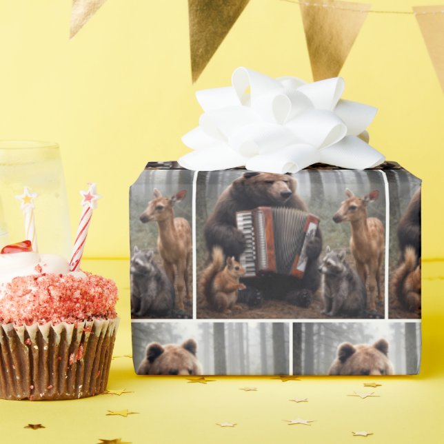 Papel De Presente Urso Tocando Acordeão para Amigos da Floresta (Festa de aniversário)