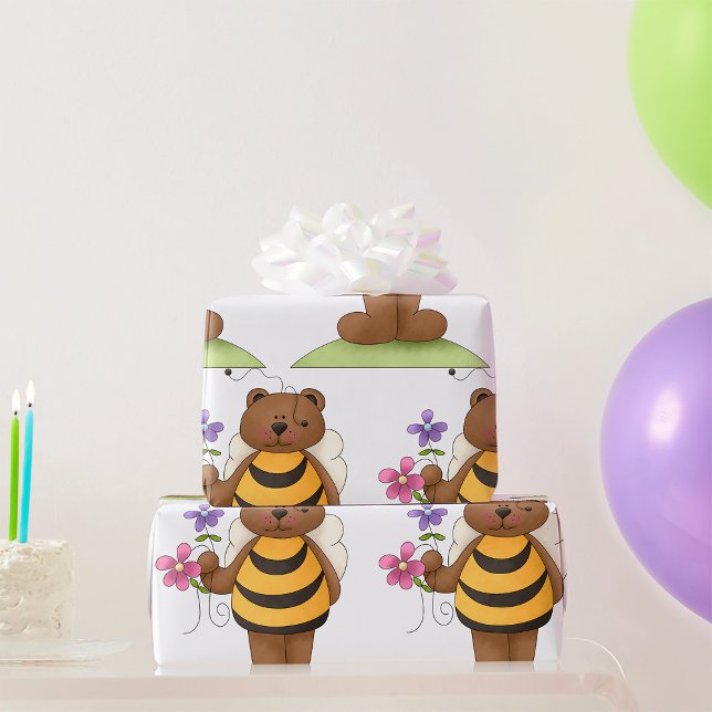 Papel De Presente Urso Vestido como Bumblebee com Flores (Criador carregado)