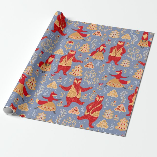 Papel De Presente Ursos dançarinos e raposas num marinheiro floresta (Desenrolado)