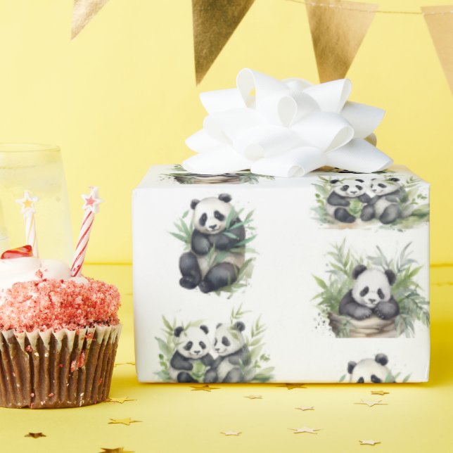 Papel De Presente Ursos de Panda Bonitos com Folhas de Bambu (Festa de aniversário)