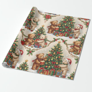 Papel De Presente Ursos de Pelúcia de Natal Antigos Decorando a Árvo