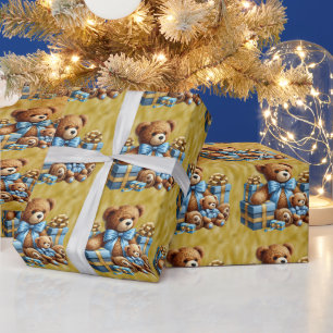 Papel De Presente Ursos de Teddy de Natal em Azul e Castanho