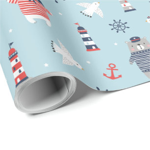 Papel De Presente Ursos náuticos, gaivotas e faróis, de cor azul