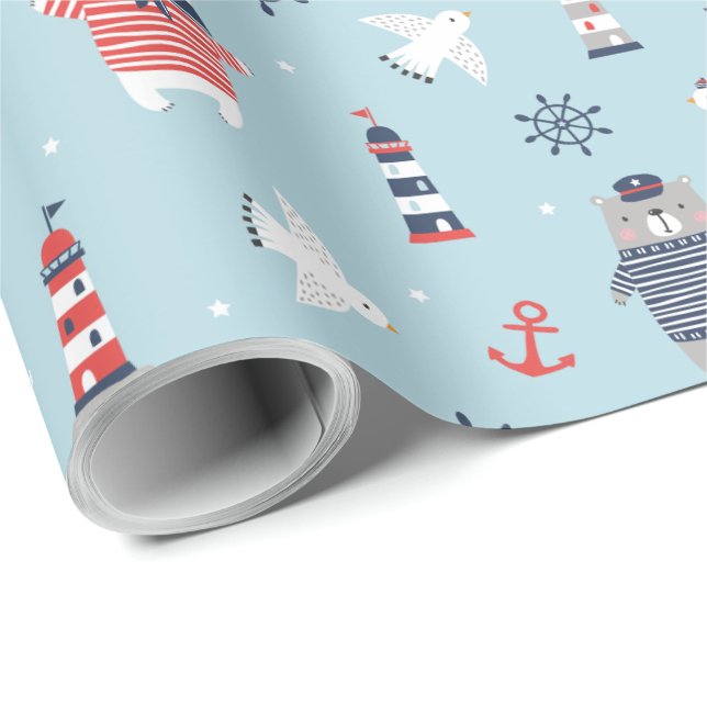 Papel De Presente Ursos náuticos, gaivotas e faróis, de cor azul (Ponta do rolo)