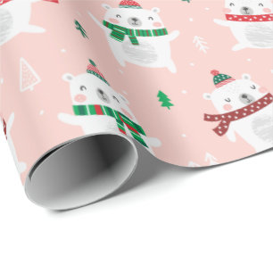 Papel De Presente Ursos Polares Bonitos de Natal em rosas claro