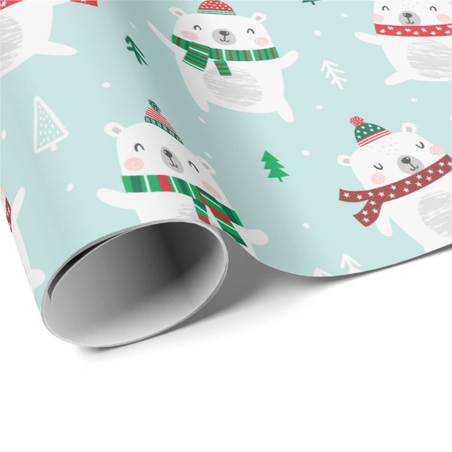 Papel De Presente Ursos Polares Bonitos de Natal na menta (Ponta do rolo)