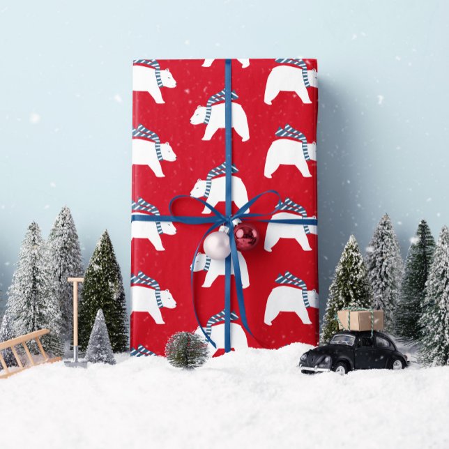 Papel De Presente Ursos Polares De Mod- Vermelho- Papel De Mola De N (Up your gifting game this year with this "Modern Polar Bear" gift wrap! By Clearlytangled Studio.)