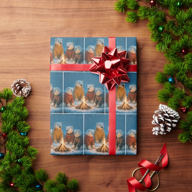 Papel De Presente Ursos Polares de Natal em Torno de uma Fogueira (Presente de Natal)