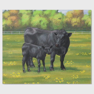 Papel De Presente Vaca Angus Negra e Vitelo Negra em Pastagem de Ver