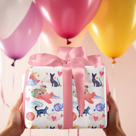 Papel De Presente Vaca-branca em avião, espaço, gatos, lua, Whimical