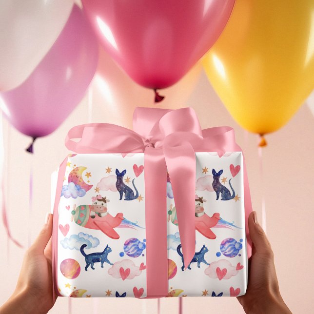 Papel De Presente Vaca-branca em avião, espaço, gatos, lua, Whimical (Criador carregado)