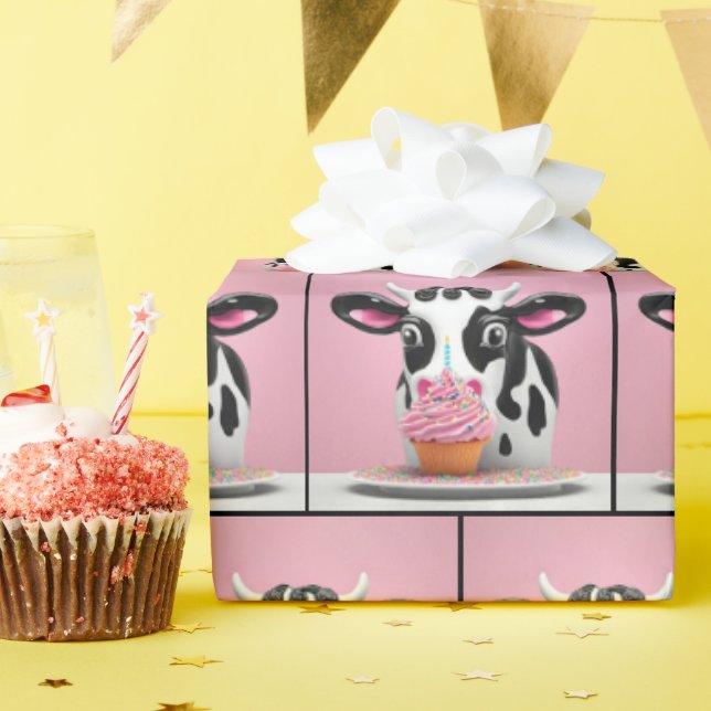 Papel De Presente Vaca Com Cupcake De Aniversário A Rosa (Festa de aniversário)