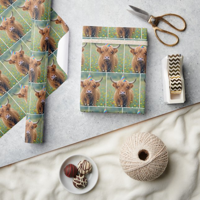 Papel De Presente Vaca das Terras Altas de aniversário com chapéu de (Artesanato)