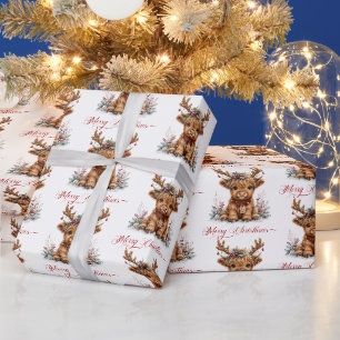 Papel De Presente Vaca das Terras Altas de Natal Fofa com Chifres Fe