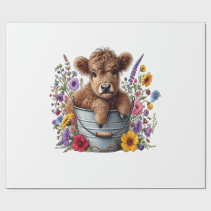 Papel De Presente Vaca das Terras Altas em Balde de Flores Png, Fofo