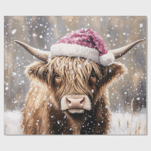 Papel De Presente Vaca das Terras Altas na Neve com Chapéu de Papai