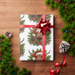 Papel De Presente Vaca das Terras Altas Usando Chapéu de Papai Noel