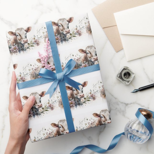 Papel De Presente Vaca De Aquarela Em Flores (Presentear)