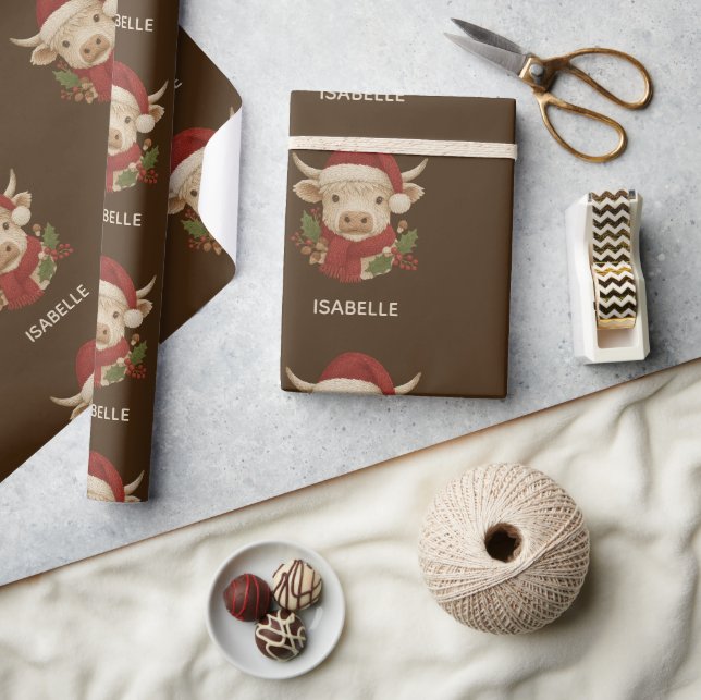 Papel De Presente Vaca do planalto russo com Santa Hat (Artesanato)