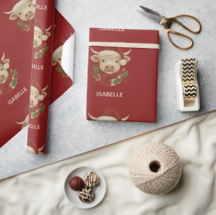 Papel De Presente Vaca do planalto russo com Santa Hat