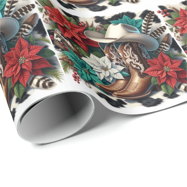 Papel De Presente Vaca Floral do Cowboy Ocidental Esconde o Natal (Ponta do rolo)