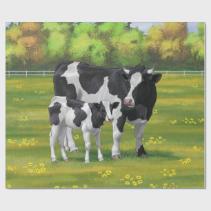 Papel De Presente Vaca Holstein e Vitelo-da-Feira na Pastagem de Ver