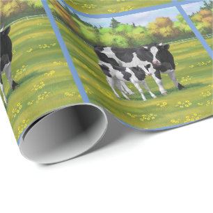 Papel De Presente Vaca Holstein e Vitelo Fresco na Pastagem de Verão