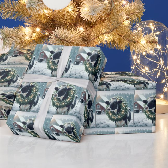 Papel De Presente Vaca Holstein Vestindo Flores Fúrmas na Terra de N (Feriados)