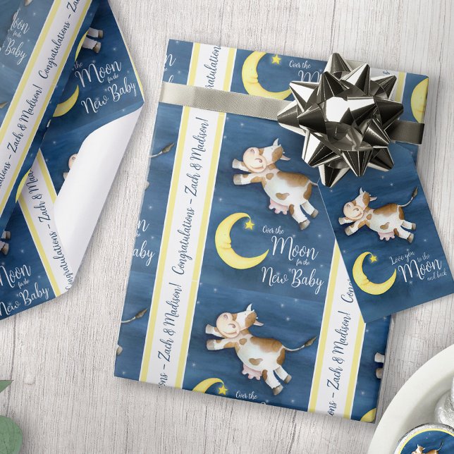 Papel De Presente Vaca saltando lua nova bebê personalizado (Criador carregado)