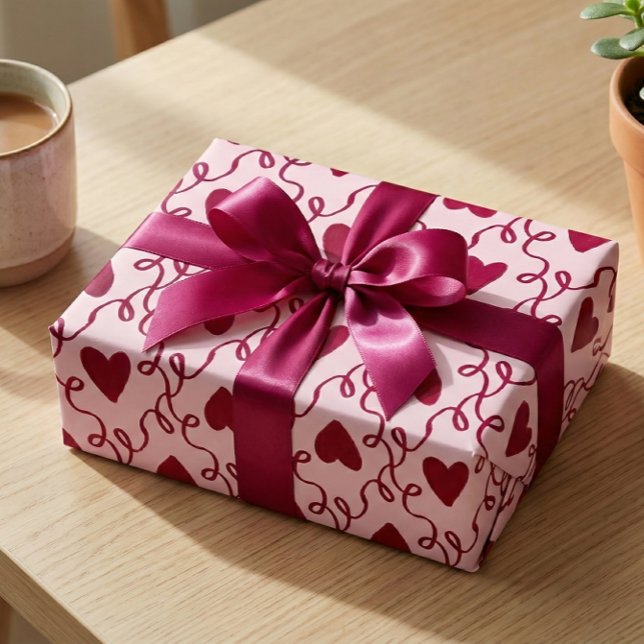 Papel De Presente Valentine's Day Burgundy Heart & Swirl Coquette (Criador carregado)
