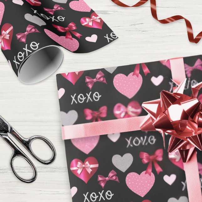 Papel De Presente Valentine's Day Hearts and Ribbons Pink Red Black (Valentine's Day gift wrap with romantic hearts and ribbons pattern)