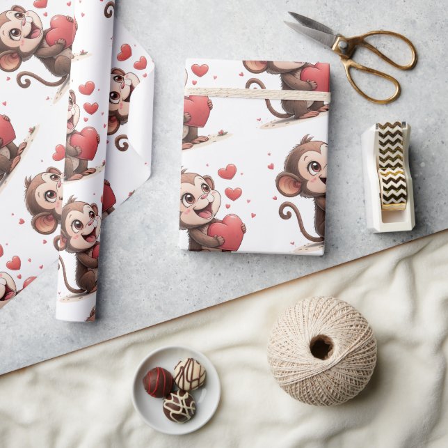 Papel De Presente Valentine's Day Wrapping Paper Monkey Red Hearts (Artesanato)