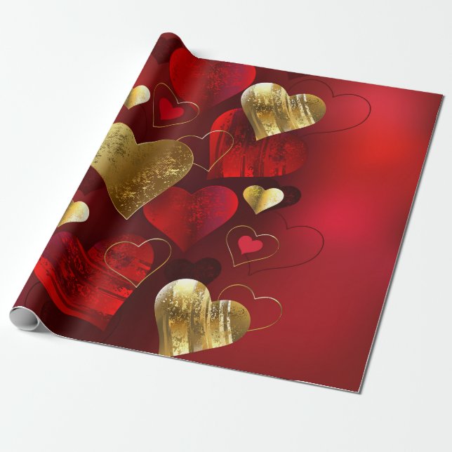 Papel De Presente Valentines dourados e vermelhos (Desenrolado)